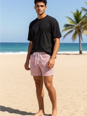 NWT Onia Classic Seersucker Swim Short in Cherry Red/White 7" Size Large